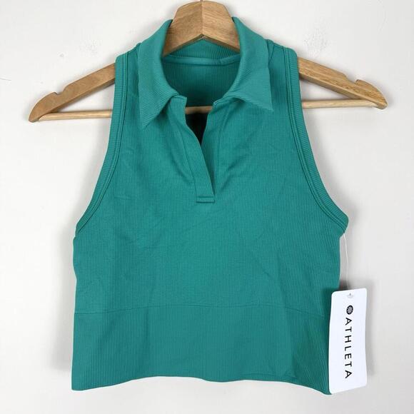 Athleta Aurora Seamless Crop Polo Tank S Teal Green NWT $79 Anti-Odor Wicking - Picture 1 of 9